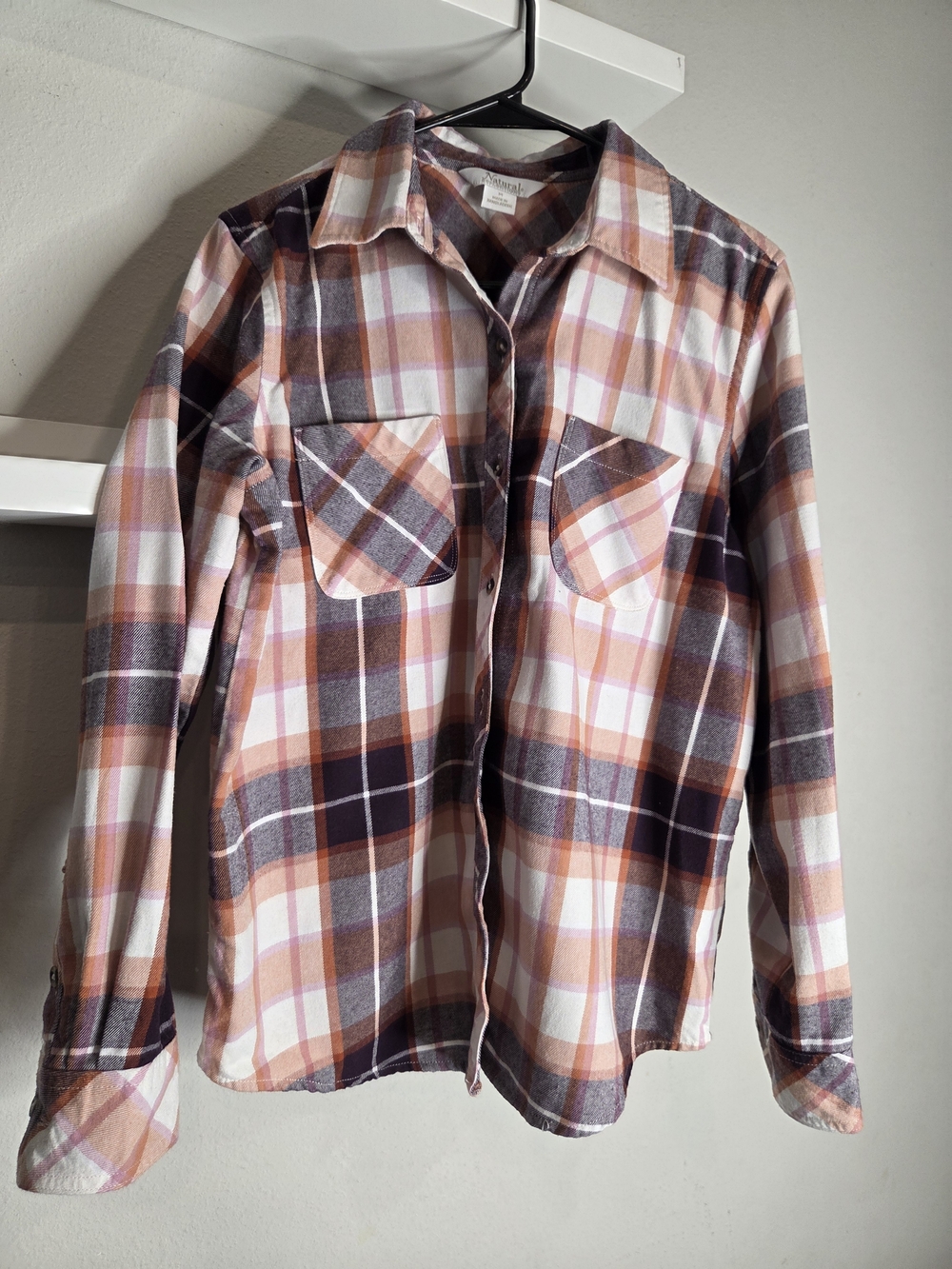 Natural Reflections Peach, Brown and White Plaid Button-Down Shirt